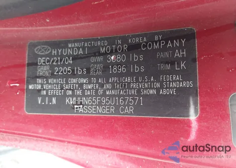 2005 Hyundai Tiburon Gt/Se z USA, uszkodzony, nr VIN KMHHN65F95U167571